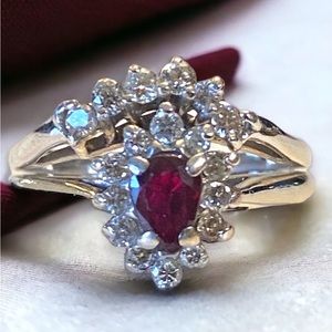 Custom 14k White Gold RUBY Halo DIAMOND Engagement/Wedding Band Ring 7.25 BEAUTY